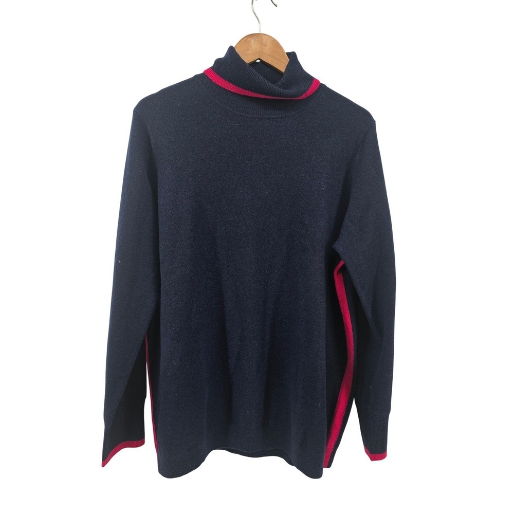Pure Collection Sweater Women 14/16 Navy Blue 100% Cashmere Tipped Mock Neck NEW